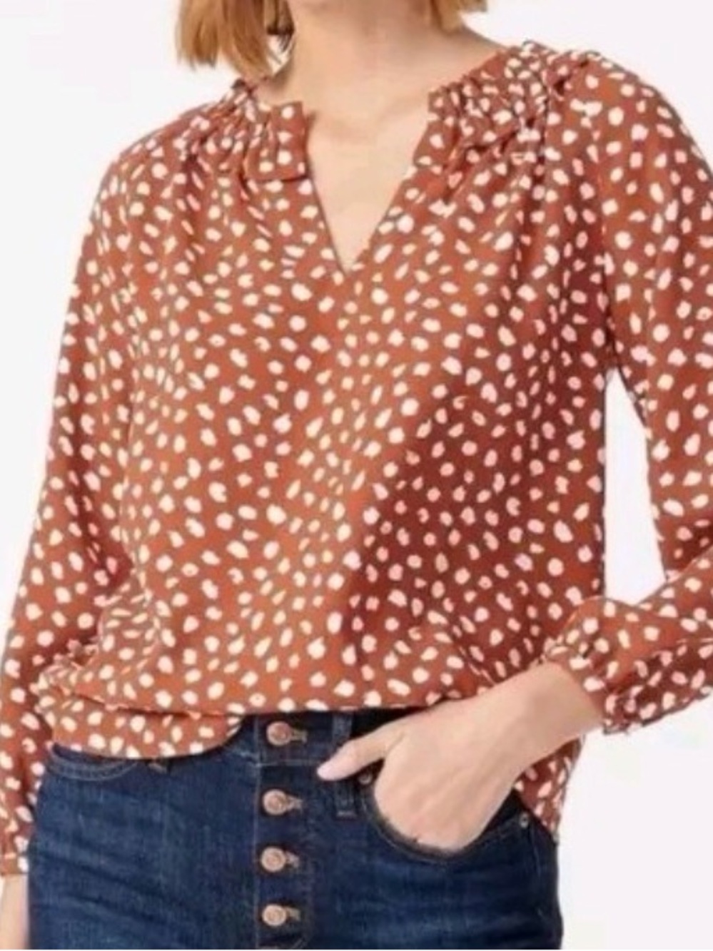 🩷 J. Crew Rust and White Polka Dot Peasant Blouse size Small